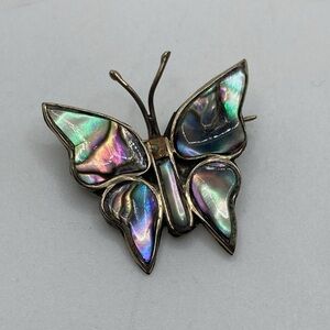VTG Abalone & Alpaca Silver Butterfly Moth Insect Brooch Approx 1” x 1”